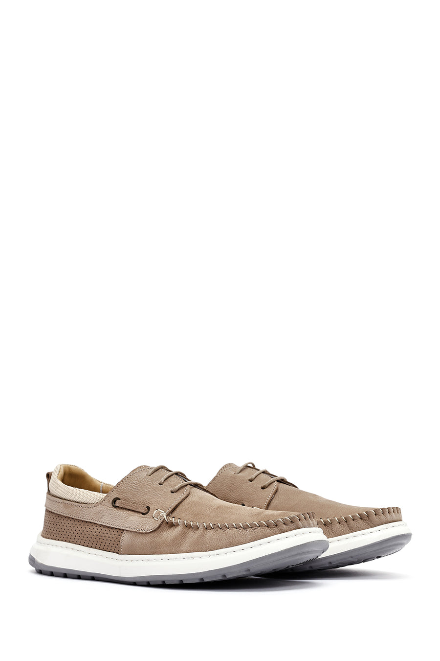 Men's Beige Lace-Up Chunky Sole Nubuck Leather Casual Shoes