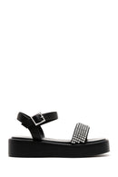 Women's Black Thick Soled Stone Flat Sandals | Derimod