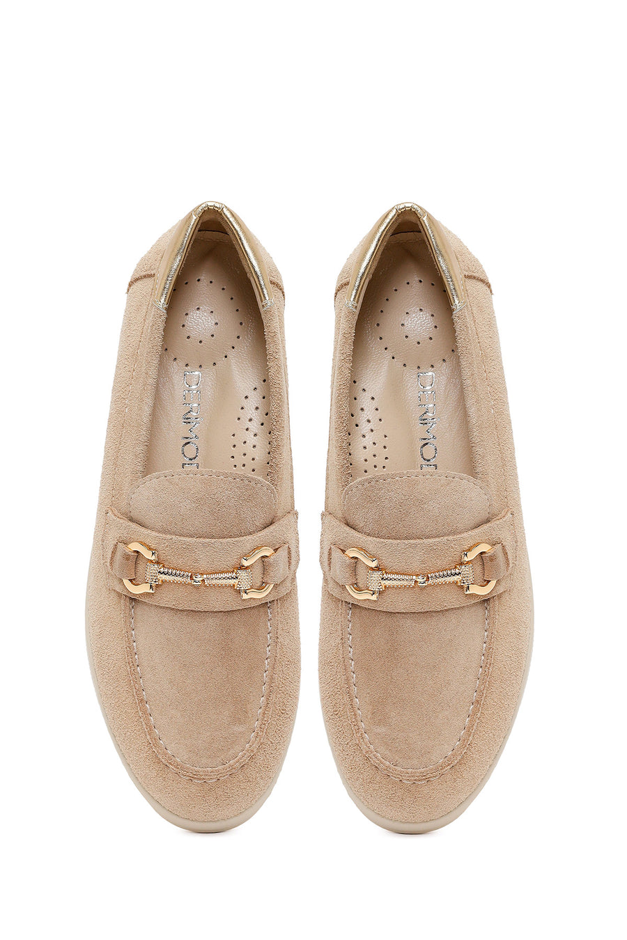 Woman Beige Buckle Wedge-Heel Suede Leather Comfort Loafer