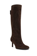 Women's Brown Thin Heeled Suede Leather Boot | Derimod