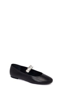 Woman Black Embellished Leather Ballerine Shoes | Derimod