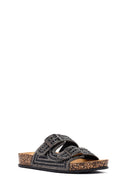 Women's Black Double Buckled Stoned Slippers | Derimod