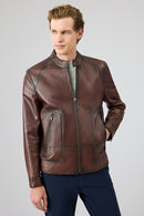 King Men's Brown Stand Collar Leather Jacket | Derimod