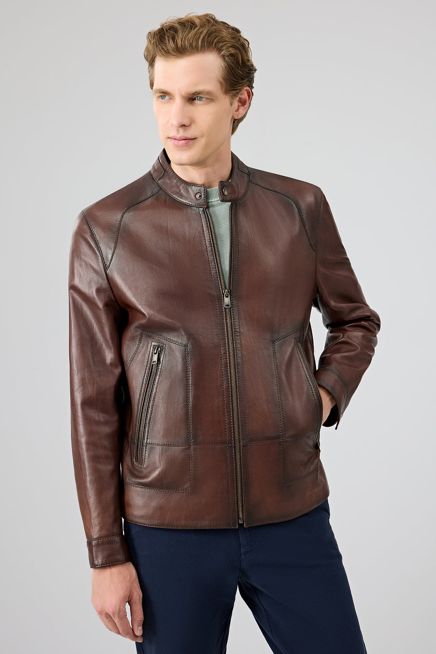 King Men's Brown Stand Collar Leather Jacket