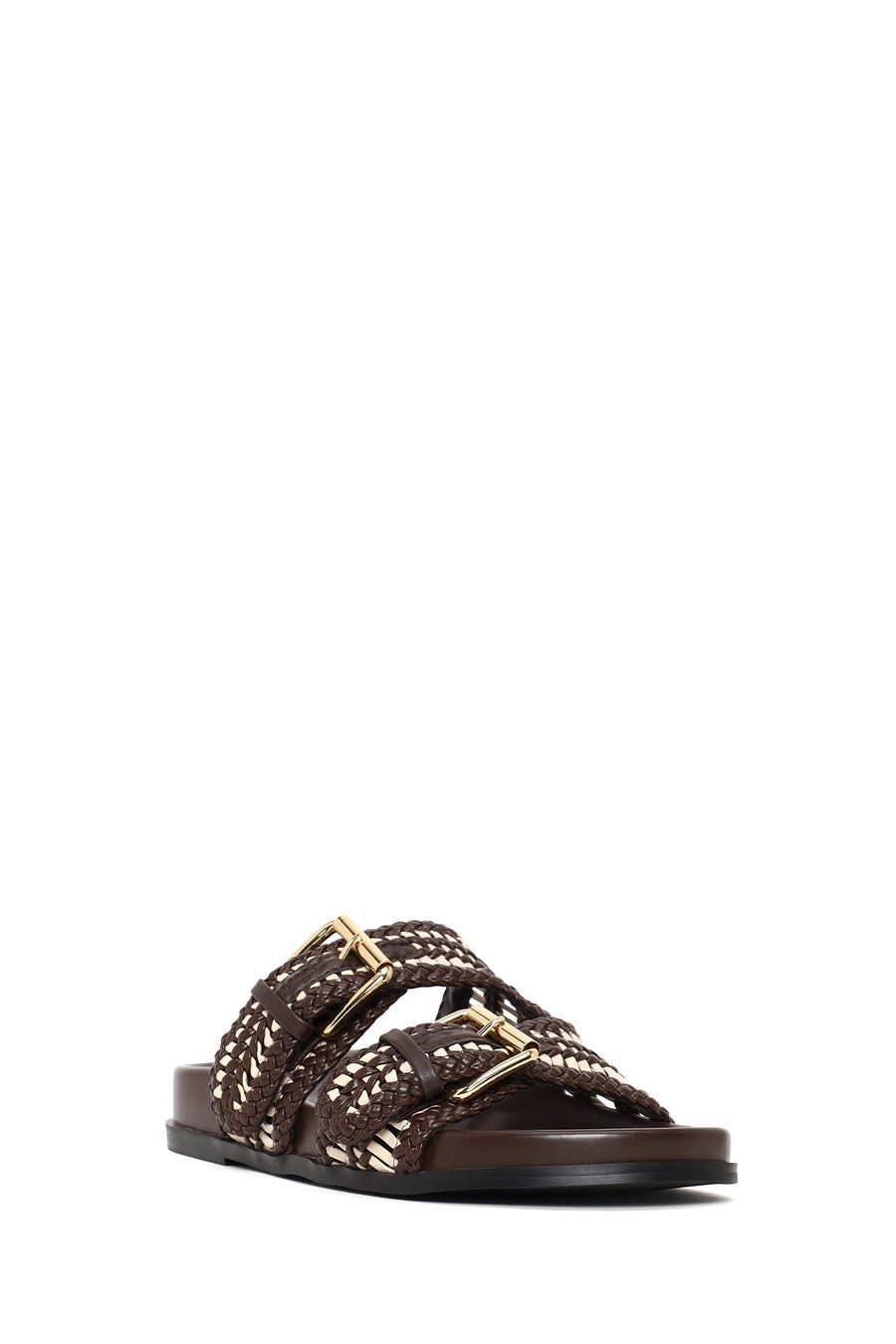 Woman Brown Double Buckle Braided Slippers