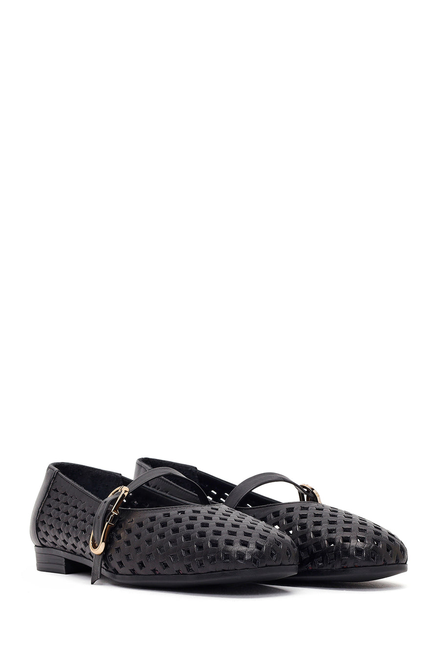 Women's Black Buckle Leather Ballerinas