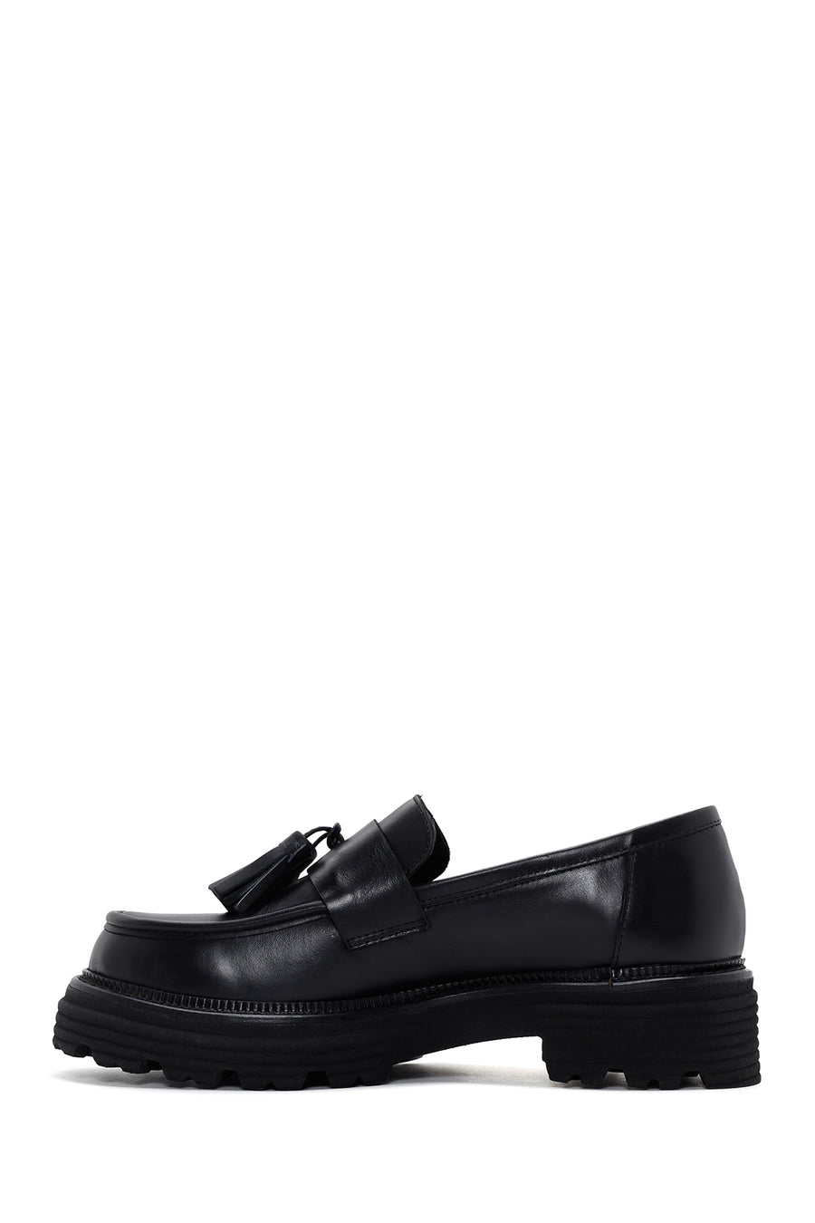 Kadın Siyah Püsküllü Deri Maskülen Loafer