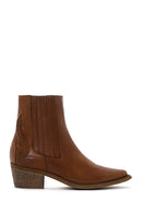 Women's Tan Leather Heeled Cowboy Boots | Derimod