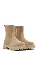 Women's Beige Zippered Thick Soled Suede Leather Boots | Derimod