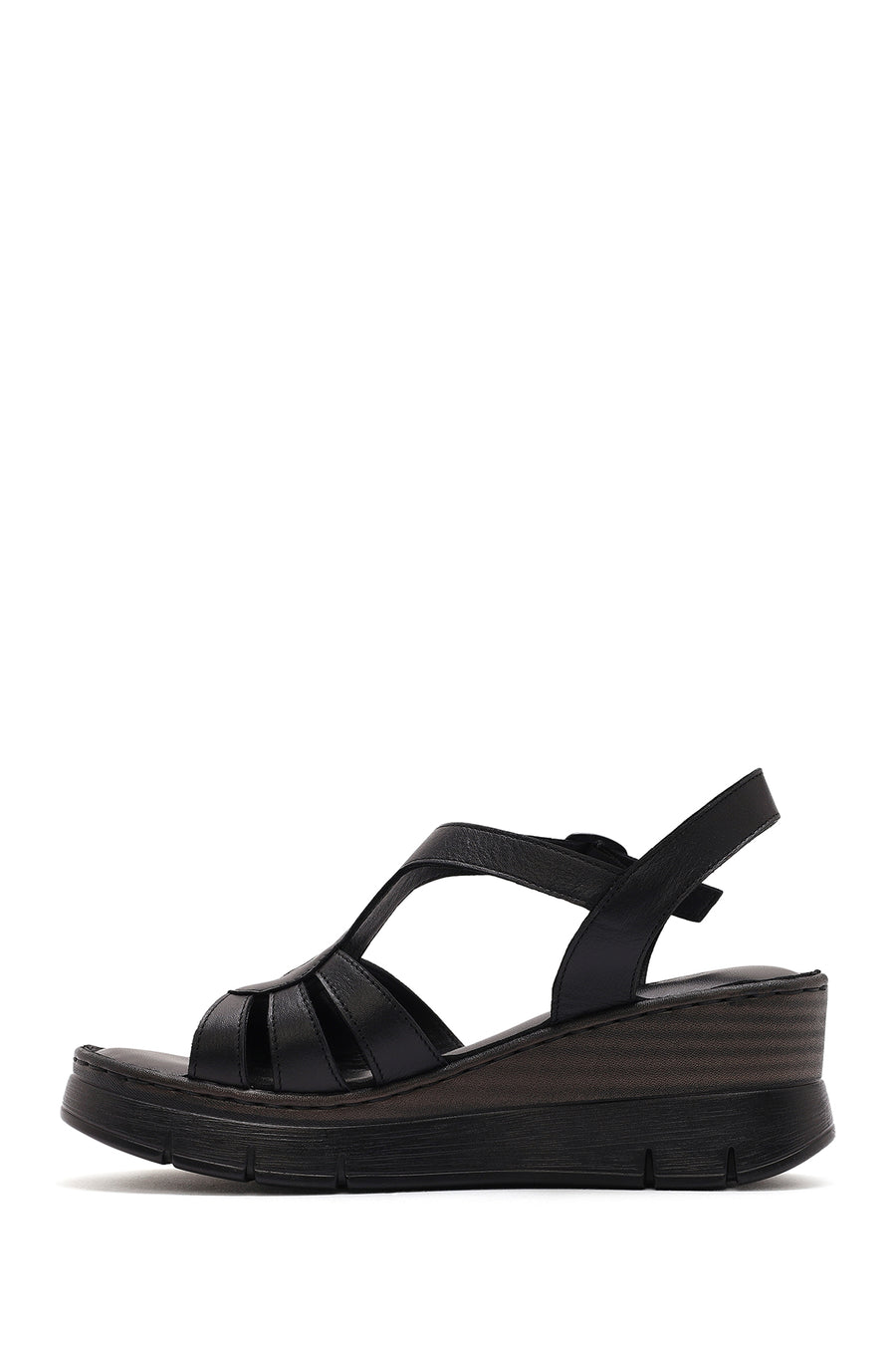 Women's Black Ankle Strap Wedge Heeled Leather Comfort Sandals
