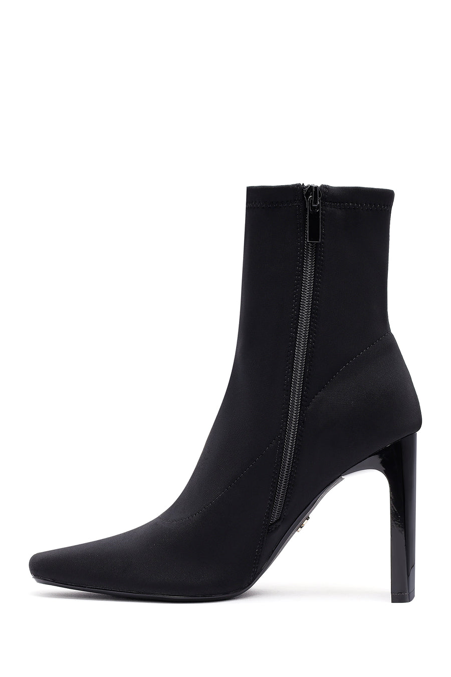Woman Black Zip Closure High Thick Heeled Fabric Boots