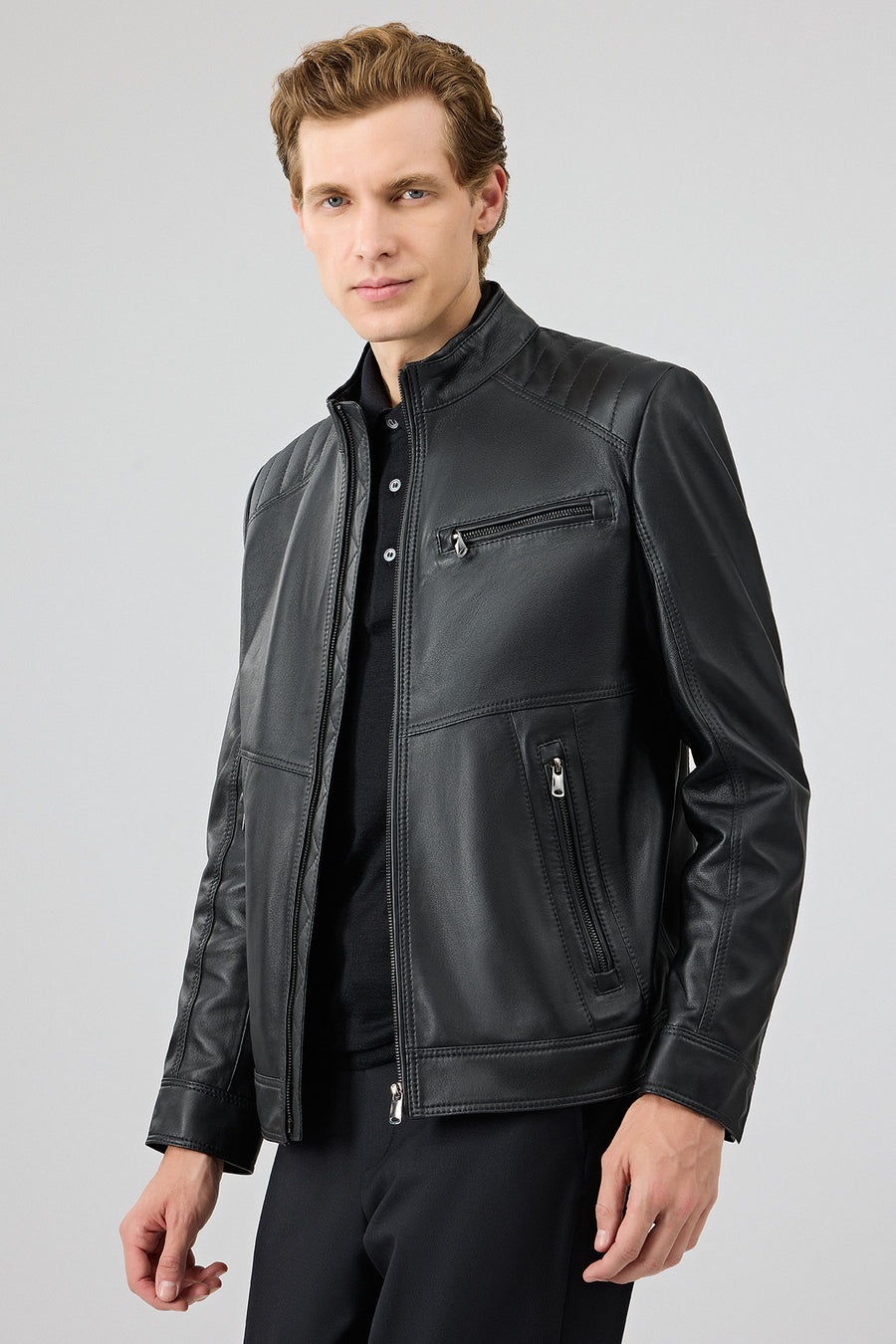 Tony Men's Black Mandarin Collar Short Leather Jacket