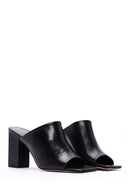 Women's Black Leather Thick Heeled Slippers | Derimod