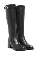 Woman Black Zip Closure Chunky Heeled Leather Boots | Derimod