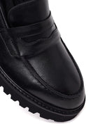 Woman Black Chunky-Heeled Leather Masculine Loafer | Derimod