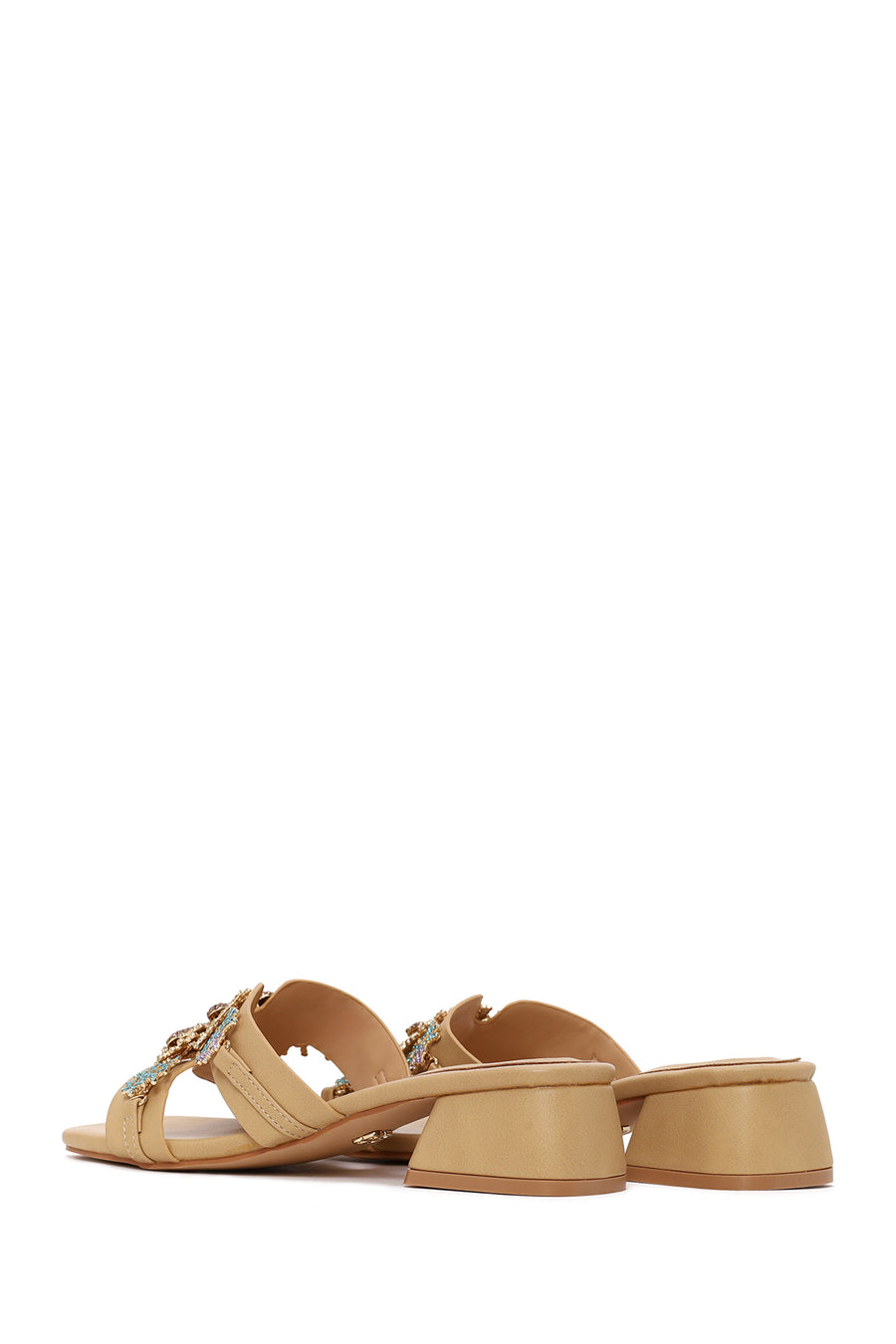 Woman Beige Embellished Thick Low Block-Heel Slipper