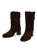 Woman Brown Thick-Heeled Patterned Suede Cowboy Boots | Derimod