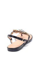 Women's Black Stone Flat Sandals | Derimod