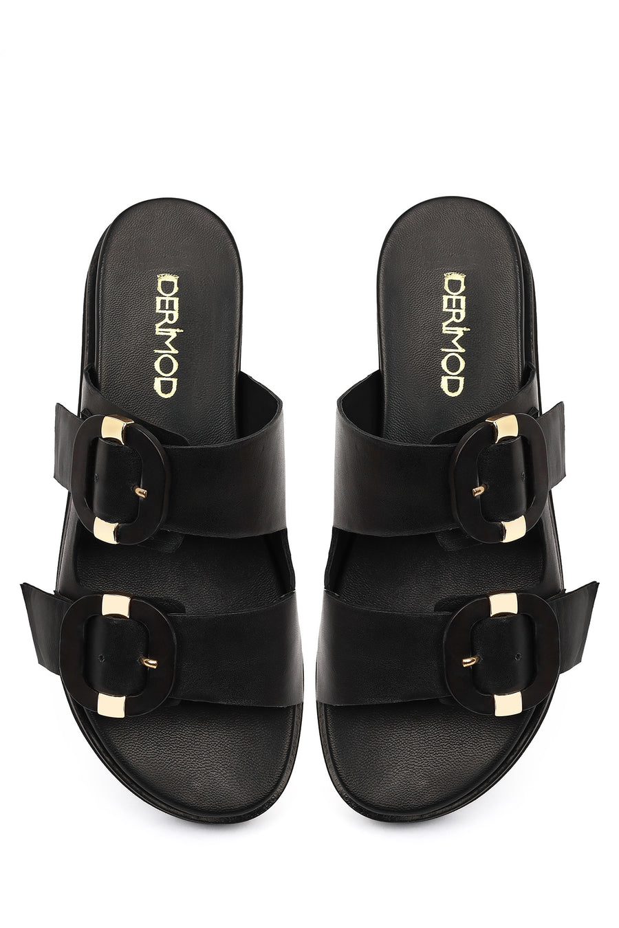 Women's Black Double Buckled Leather Slippers