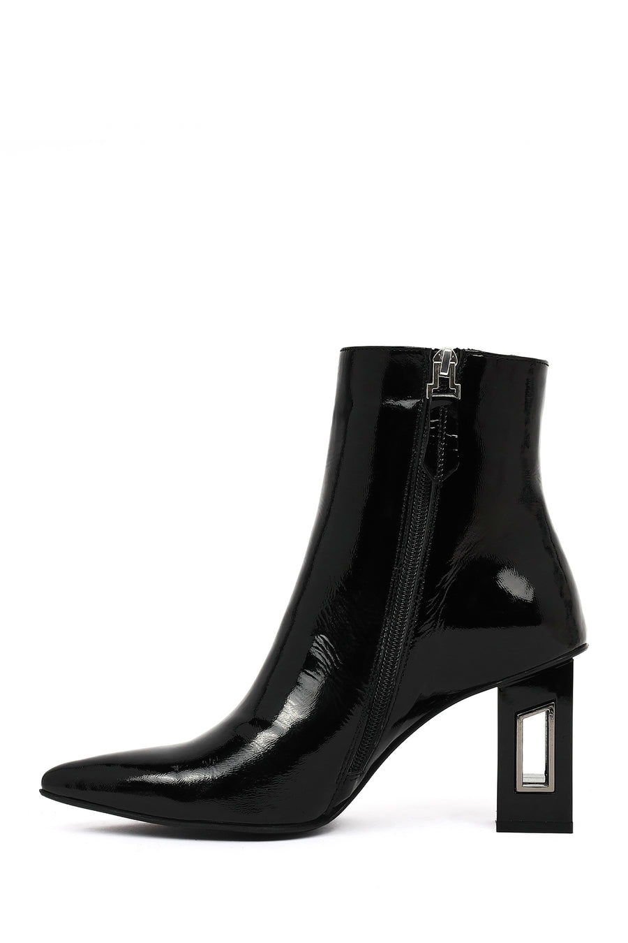 Women's Black Zippered Thick Heeled Patent Leather Boots