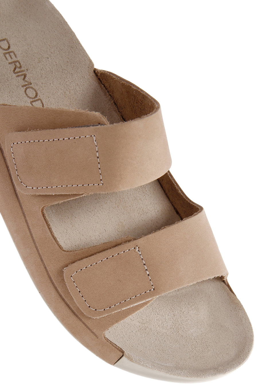 Women's Beige Double-Strap Nubuck Leather Comfort Slippers
