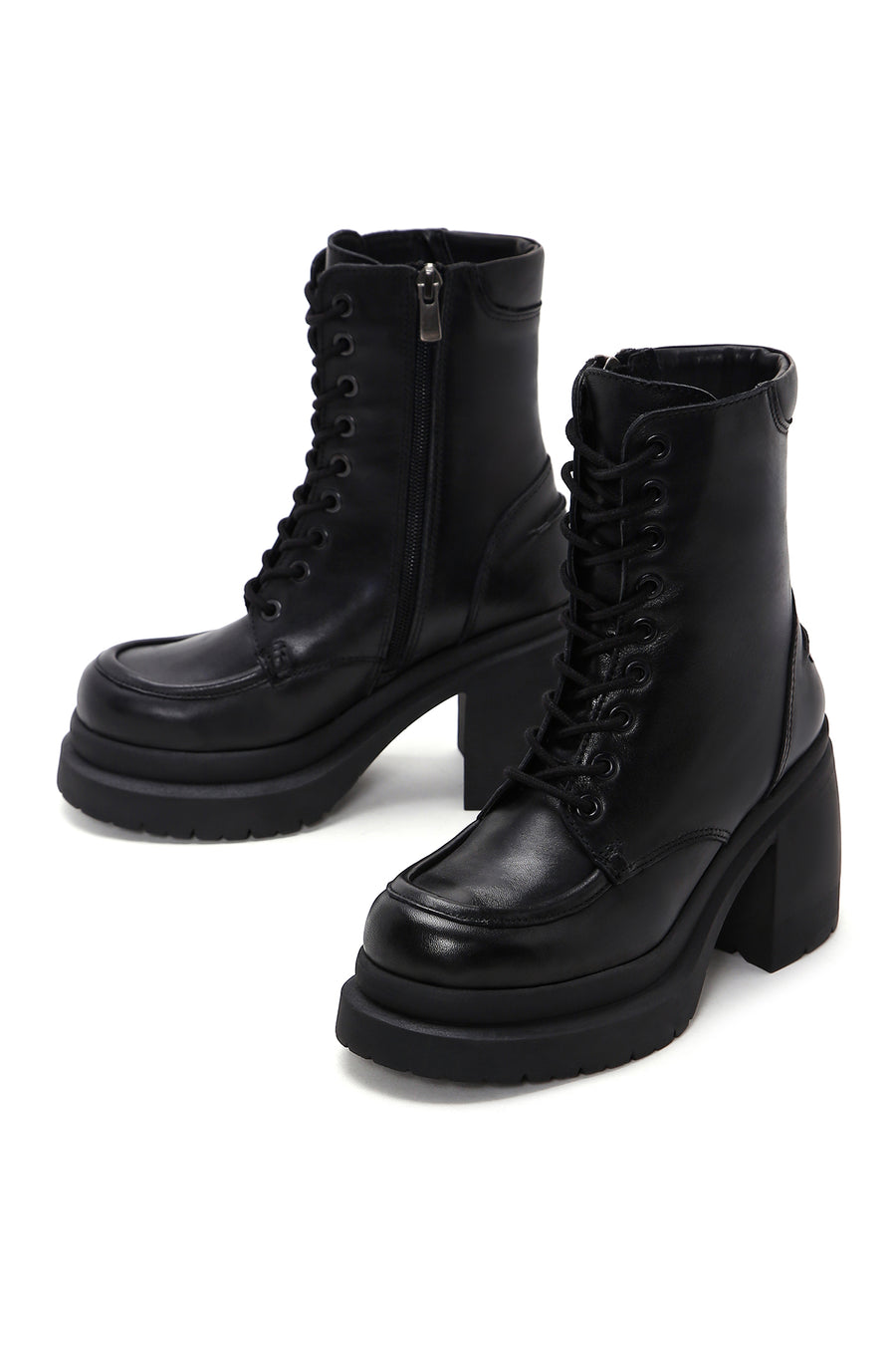 Women's Black Leather Platform Heeled Boots