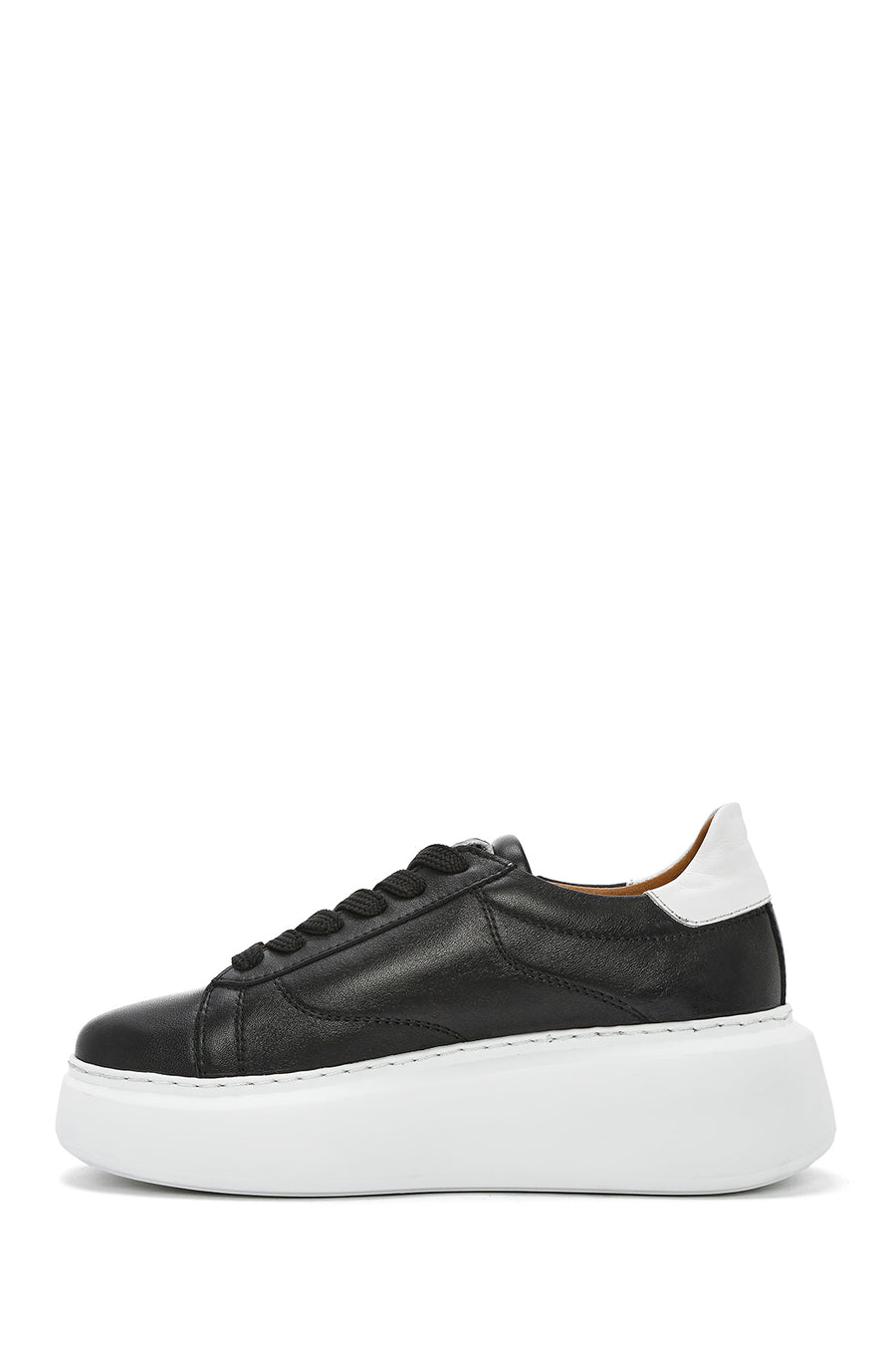 Women's Black Zippered Lace-Up Thick-Sole Leather Sneakers