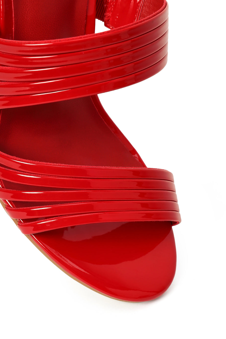 Woman Red Buckled Ankle Strap Slim High-Heeled Patent Leather Sandals