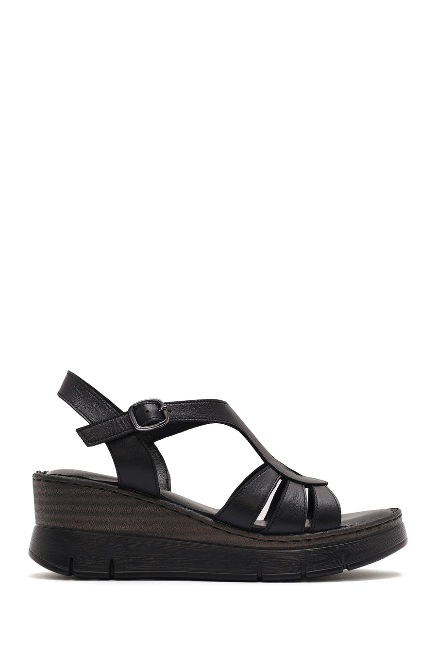 Women's Black Ankle Strap Wedge Heeled Leather Comfort Sandals 25SFD341918 | Derimod