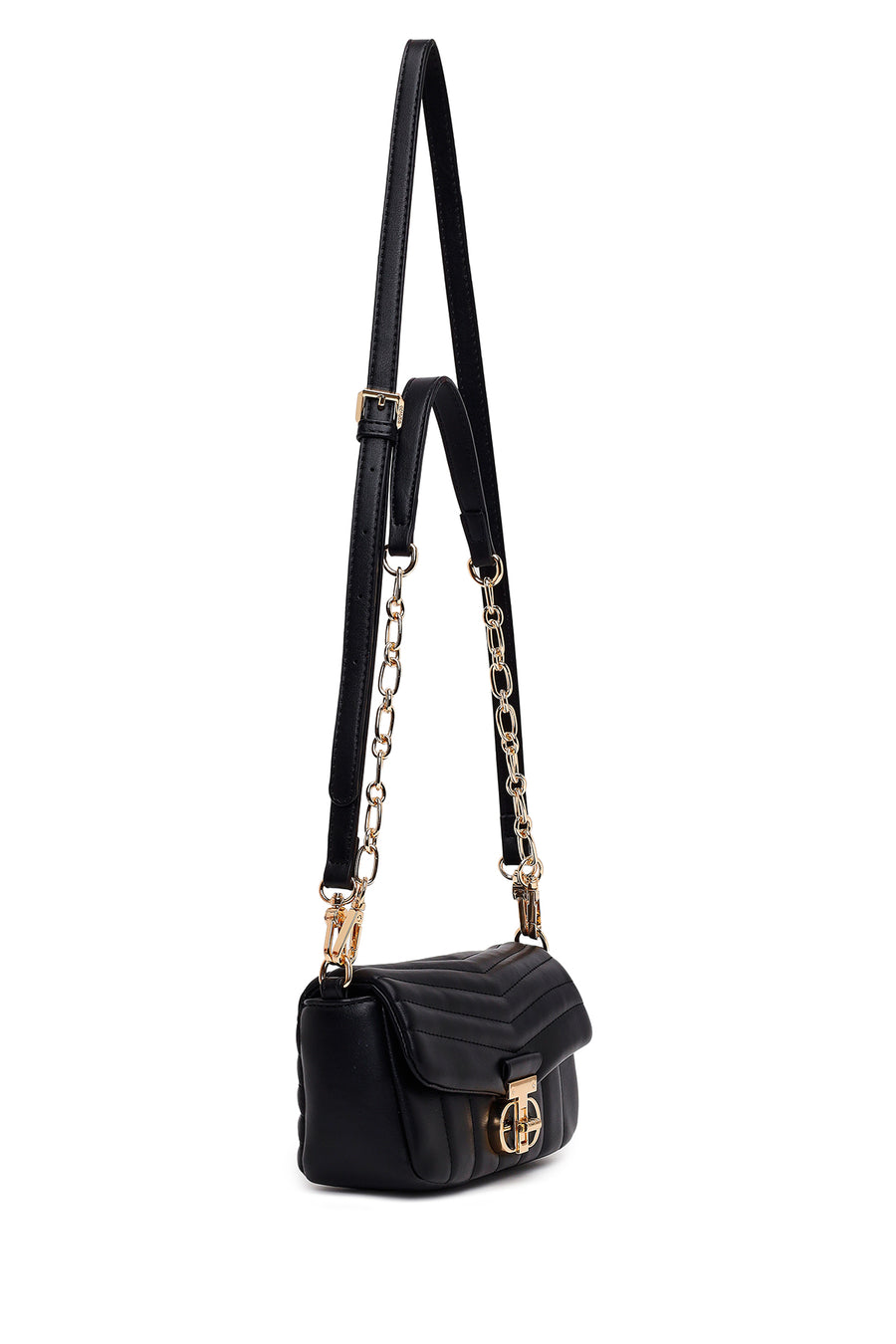 Woman Black Long-Strap Quilted Mini Crossbody Bag