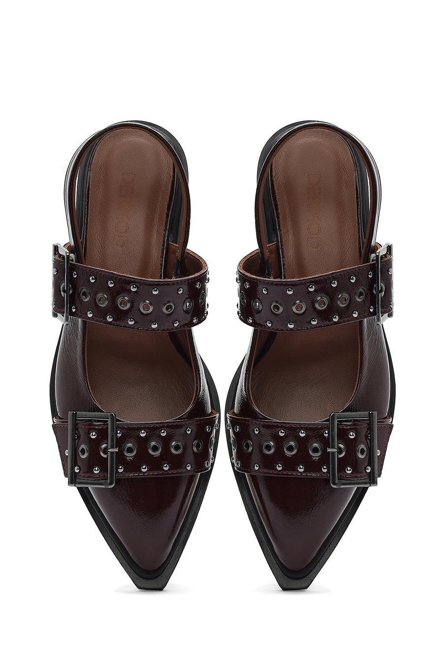Women's Claret Red Open Back Buckled Patent Leather Ballerinas