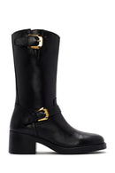 Women's Black Zippered Buckle Detailed Leather Boots | Derimod