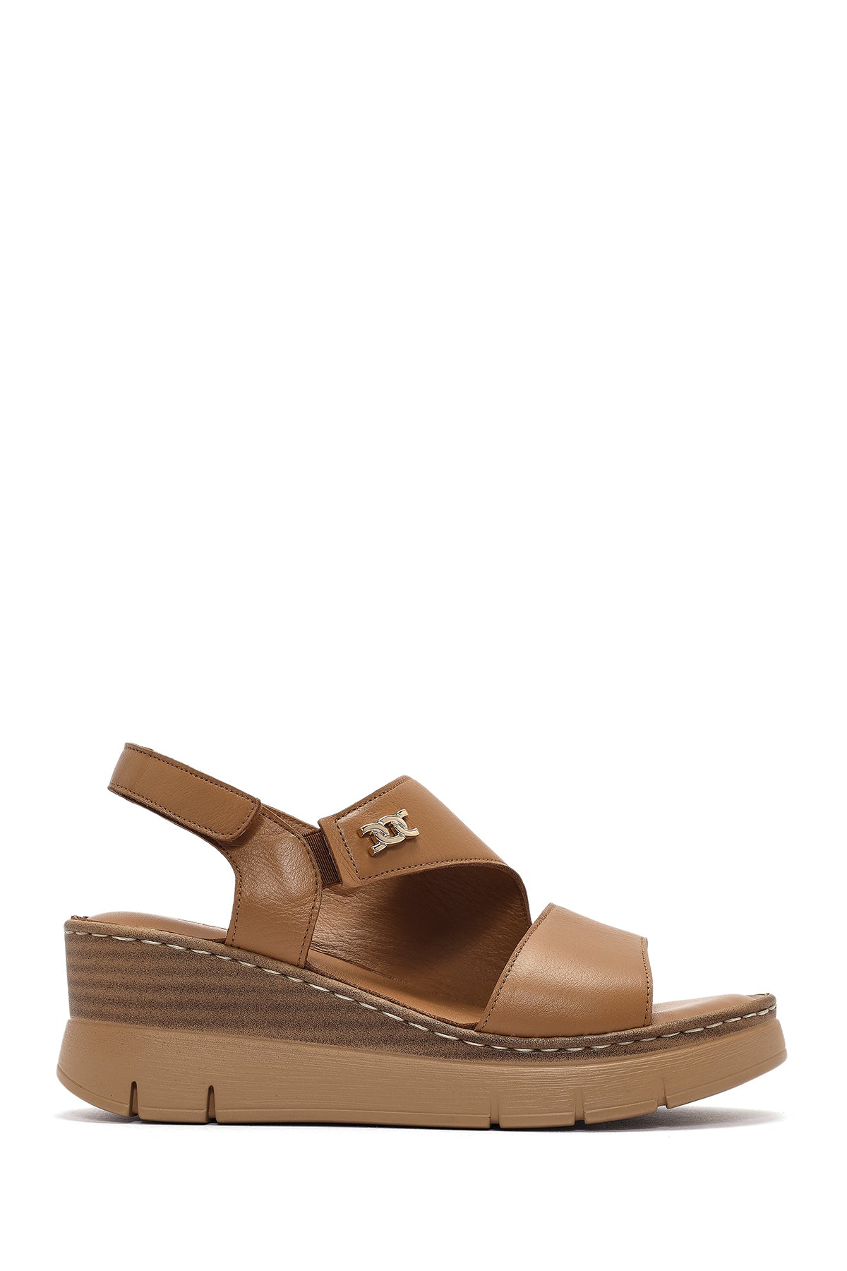 Kadın Taba Bantlı Dolgu Topuklu Deri Comfort Sandalet 25SFD342018 | Derimod