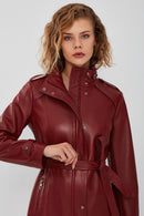 Whitney Women's Burgundy Long Leather Jacket | Derimod