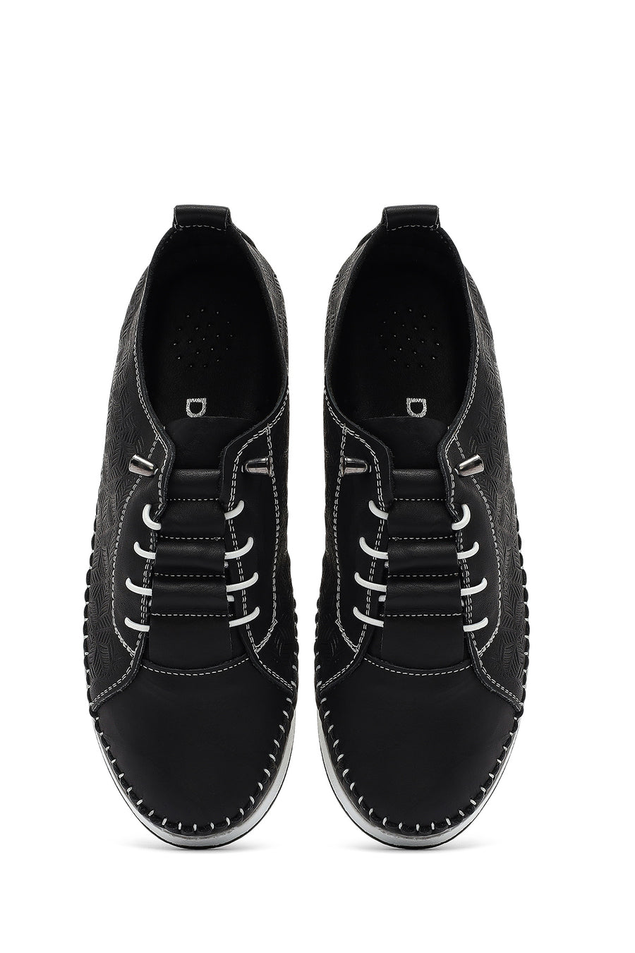 Women's Black Lace-Up Thick-Soled Patterned Leather Comfort Shoes