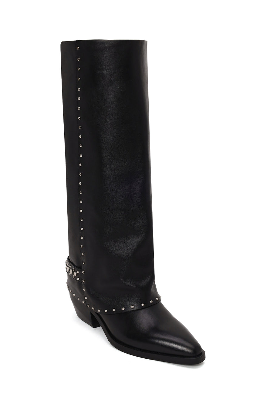 Woman Black Studded Chunky-Heeled Leather Cowboy Boots