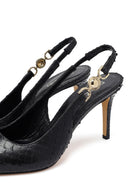 Woman Black Buckled Open Back Patterned Thin Heel Leather Shoe | Derimod