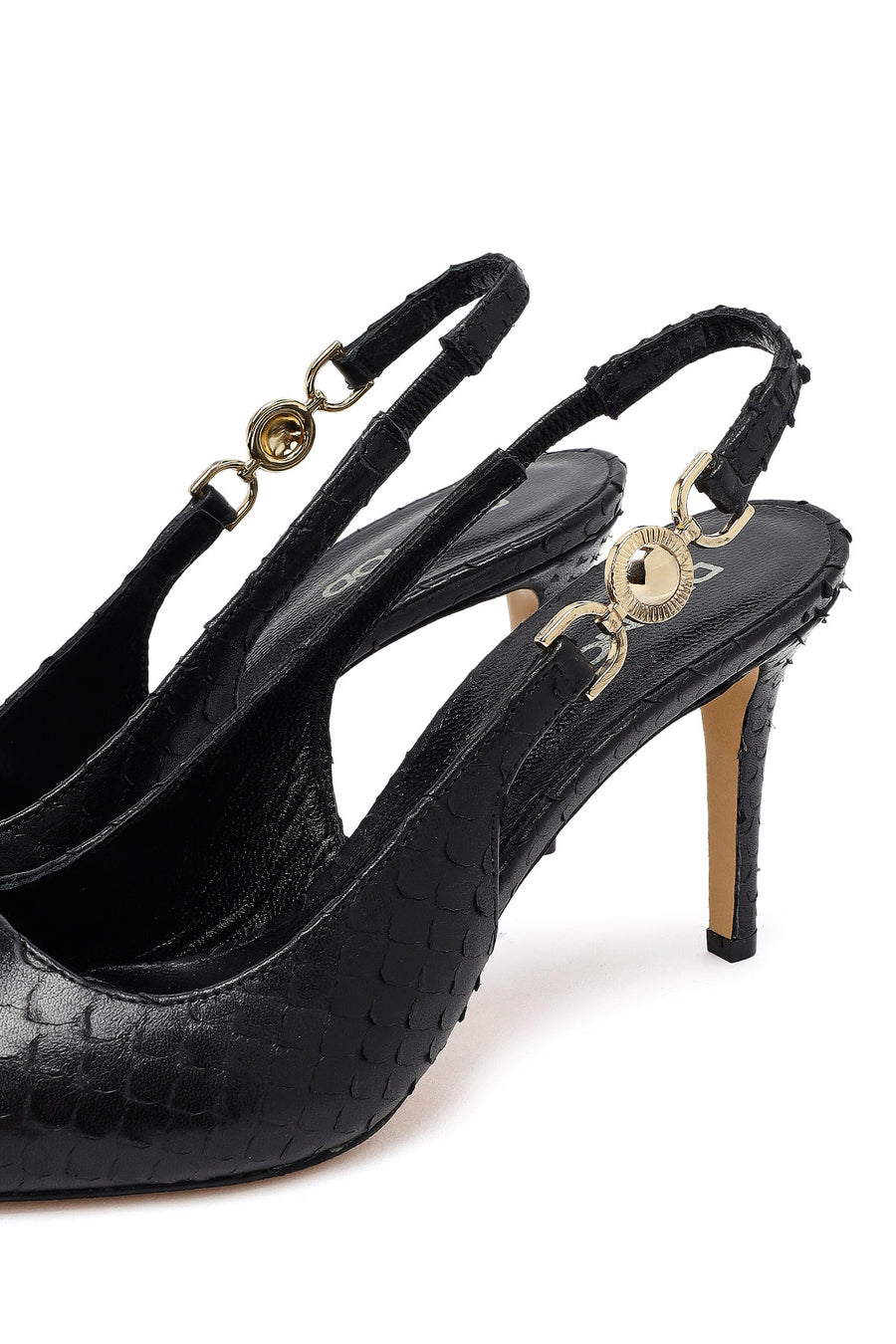 Woman Black Buckled Open Back Patterned Thin Heel Leather Shoe