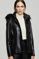 Edith Women's Black Fur Leather Coat | Derimod