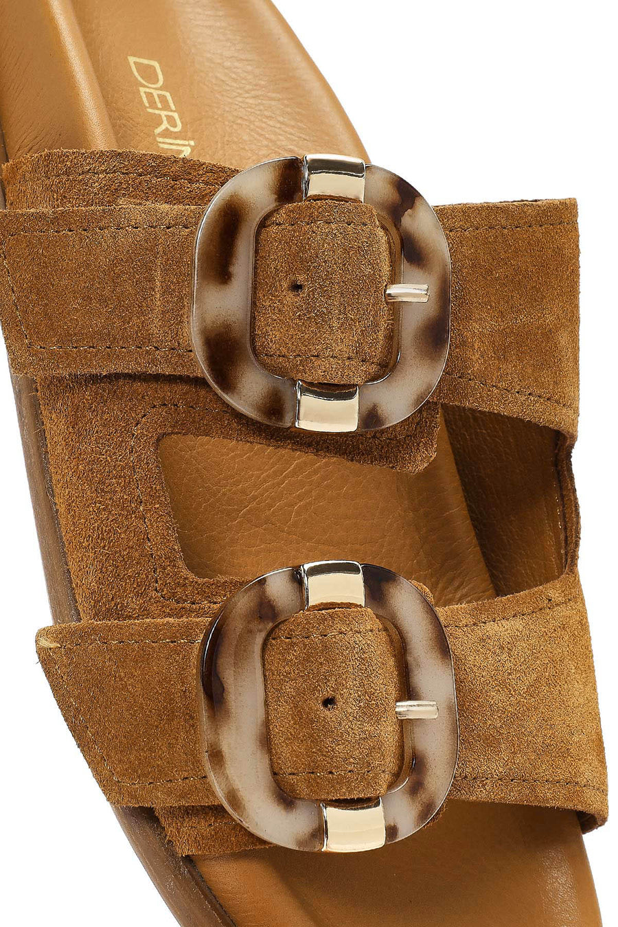 Women's Tan Double Buckle Suede Leather Slippers