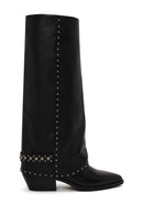 Woman Black Studded Chunky-Heeled Leather Cowboy Boots | Derimod