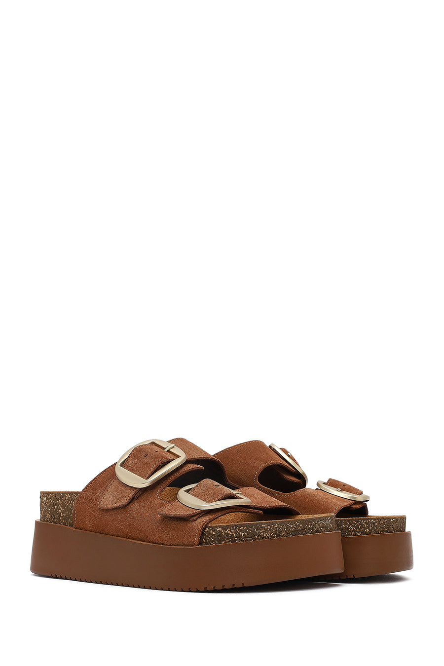Women's Tan Double Buckle Thick Sole Suede Leather Slippers