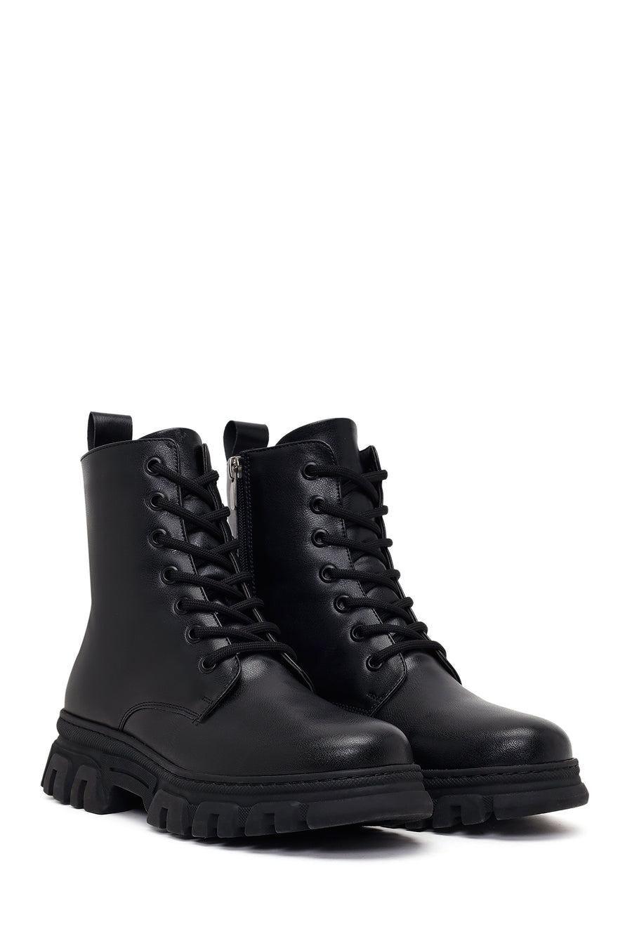 Woman Black Lace-up Zip Closure Thick-soled Combat Boots