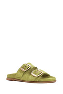 Women's Green Buckle Suede Leather Slippers | Derimod