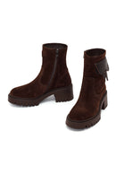 Woman Brown Zip Closure Chunky-Heeled Suede Leather Boots | Derimod