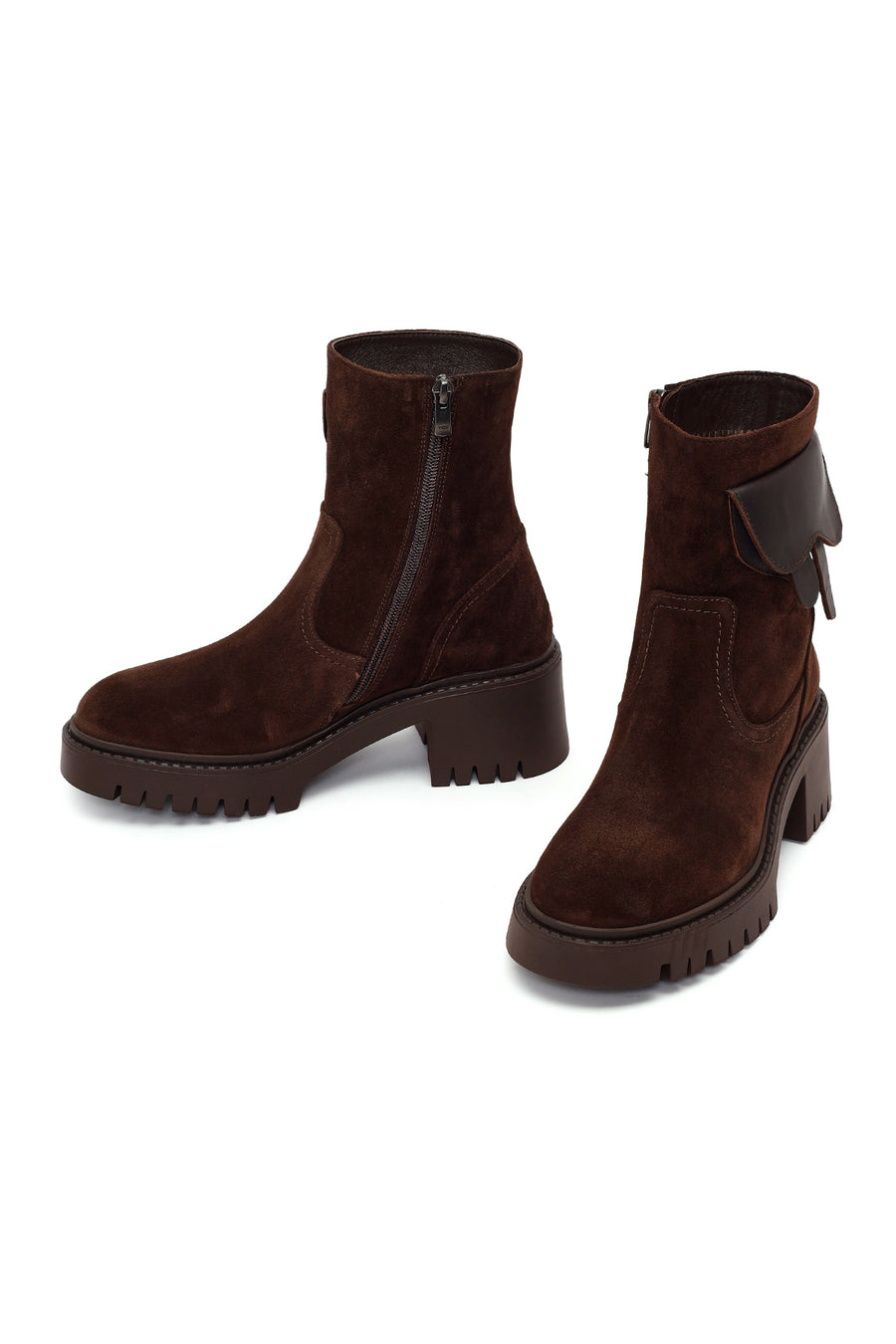 Woman Brown Zip Closure Chunky-Heeled Suede Leather Boots