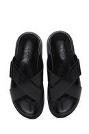 Men's Black Leather Casual Flat Slippers | Derimod