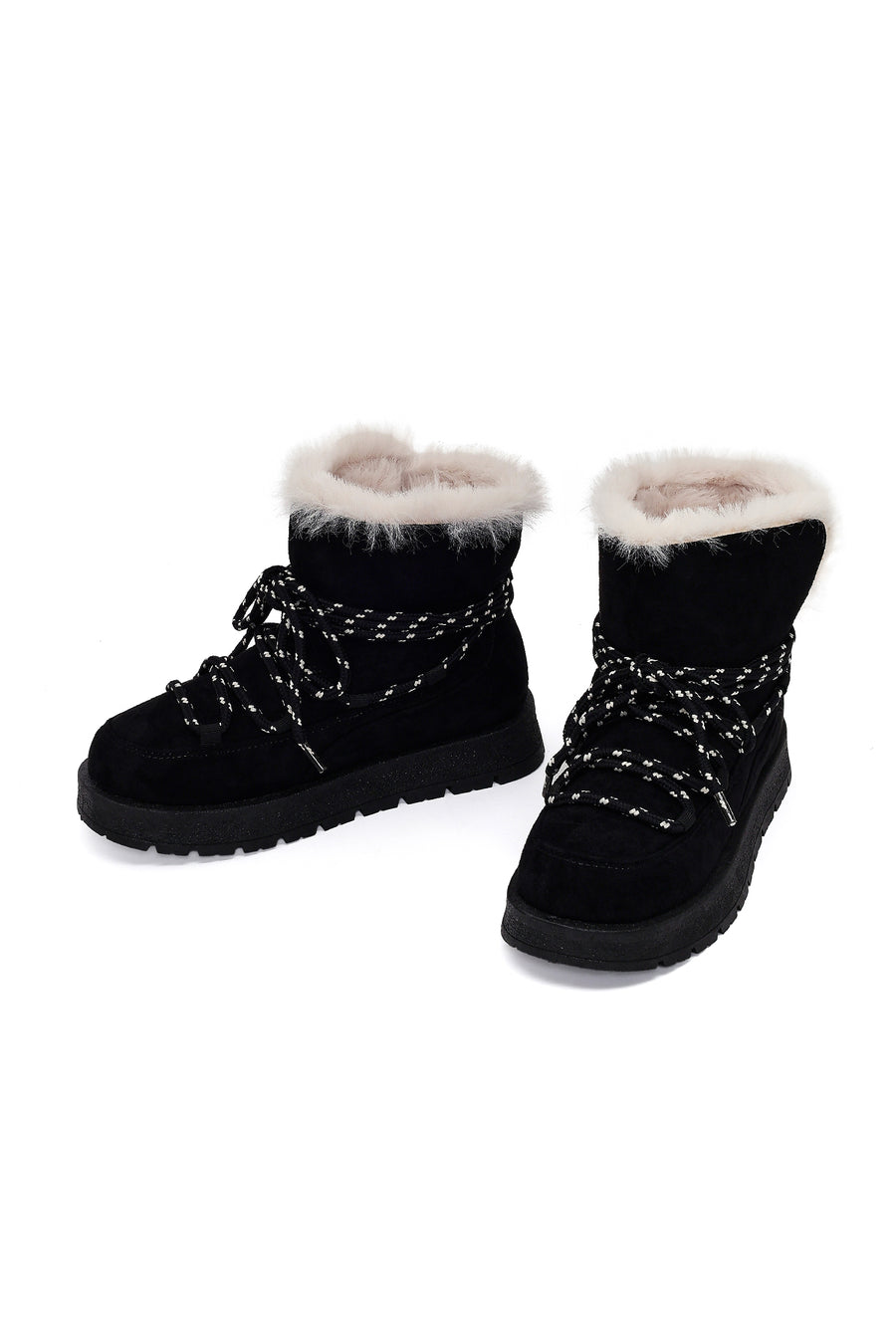 Woman Black Lace-Up Thick-Soled Suede Teddy Boots