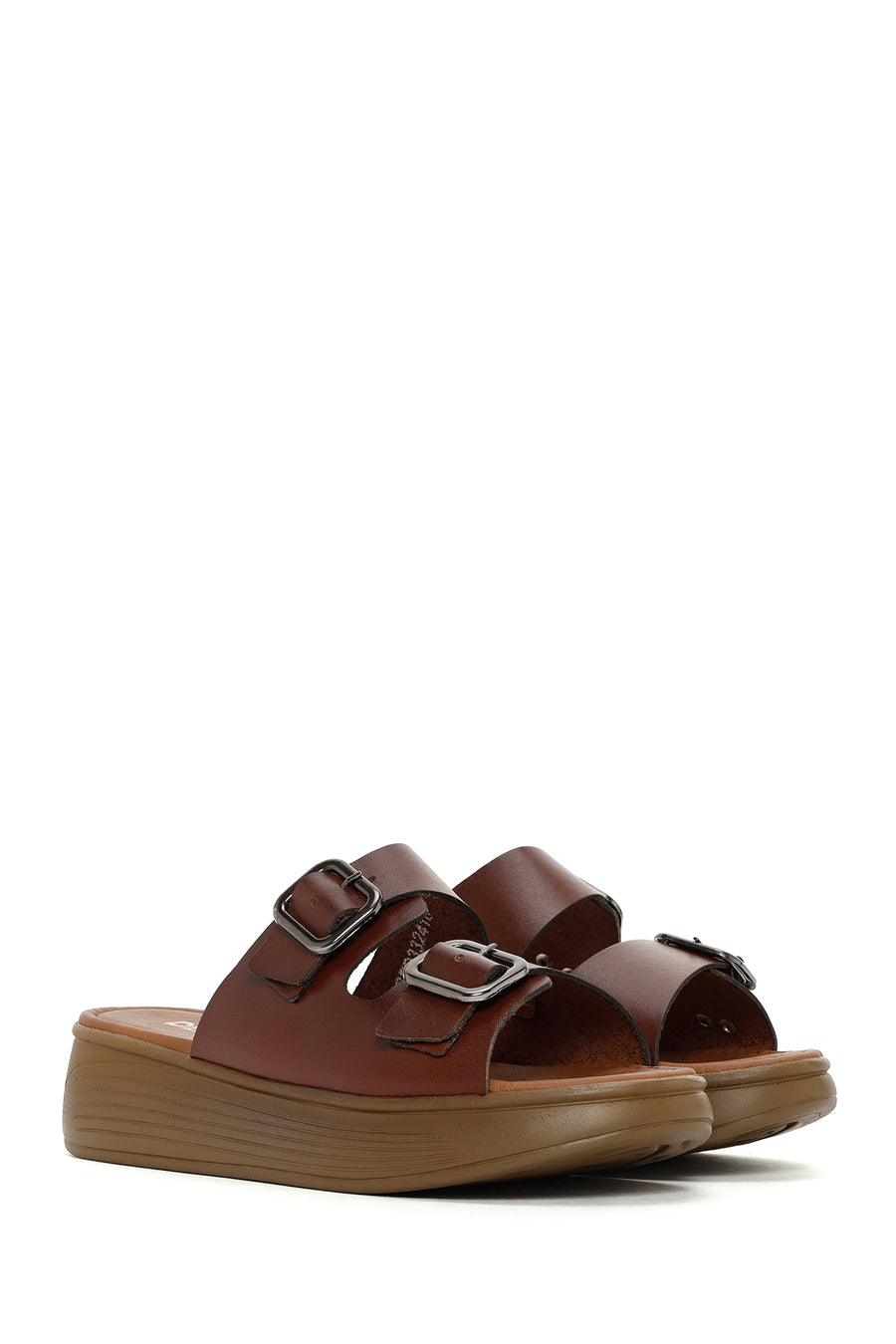 Women's Brown Thick Sole Buckle Leather Slippers