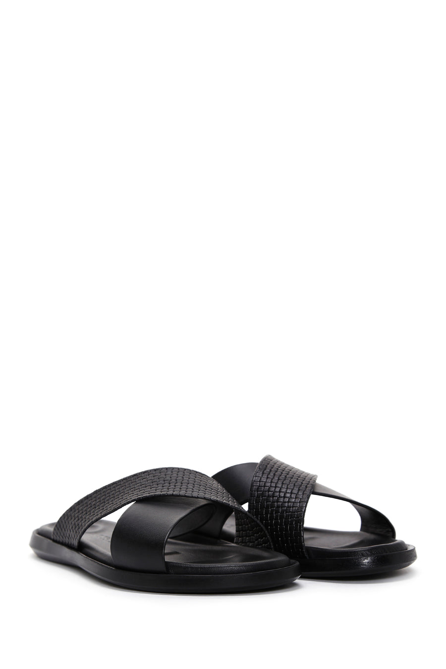 Men's Black Knitted Patterned Leather Slippers